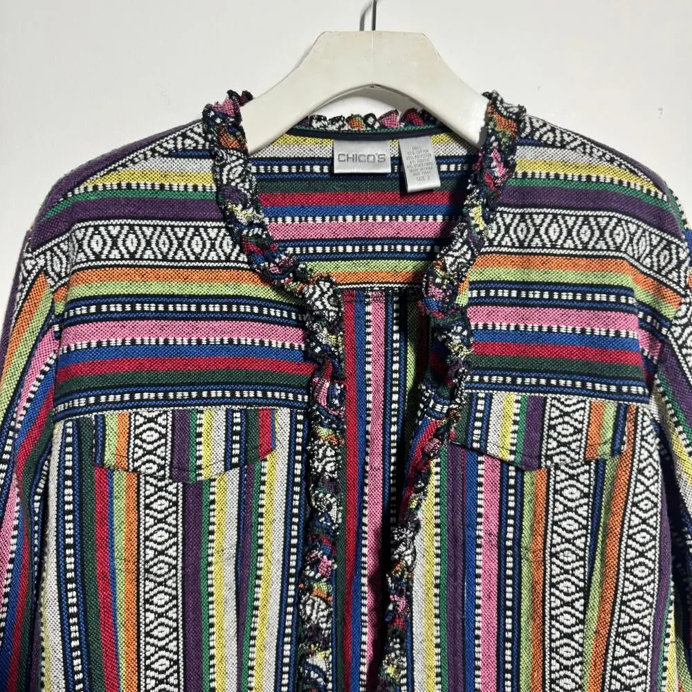 Chico's Boho Jacket Women‎ XL Rainbow Embroidery Woven Open Front Pockets Ruffle